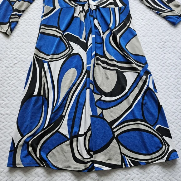 Bisou Bisou Blue Geometric Print Stretchy Dress Size 10 - Picture 4 of 10
